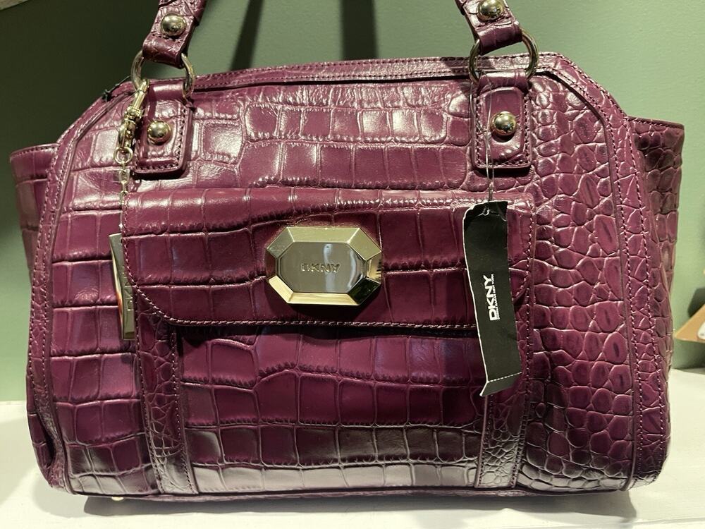 Authentic DKNY Purple Croco Leather w Jewel Plaque Womens Purse -MSRP $325